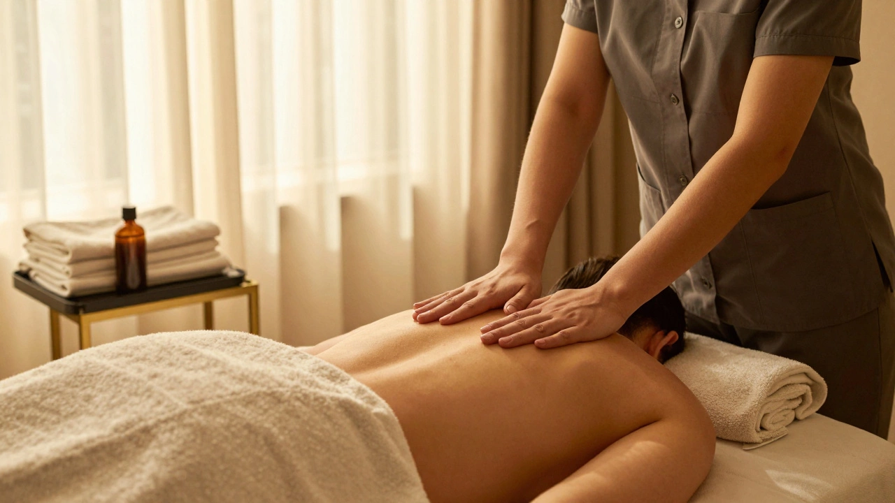 A professional massage session in a serene Dubai room, focused on relaxation and calm touch.