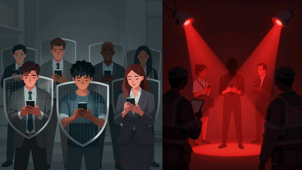 Split scene: protected users on one side, invasive surveillance beams on the other.