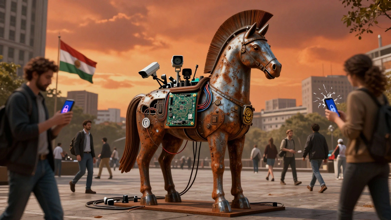 Trojan horse made of circuit boards spilling surveillance tools in a modern city.