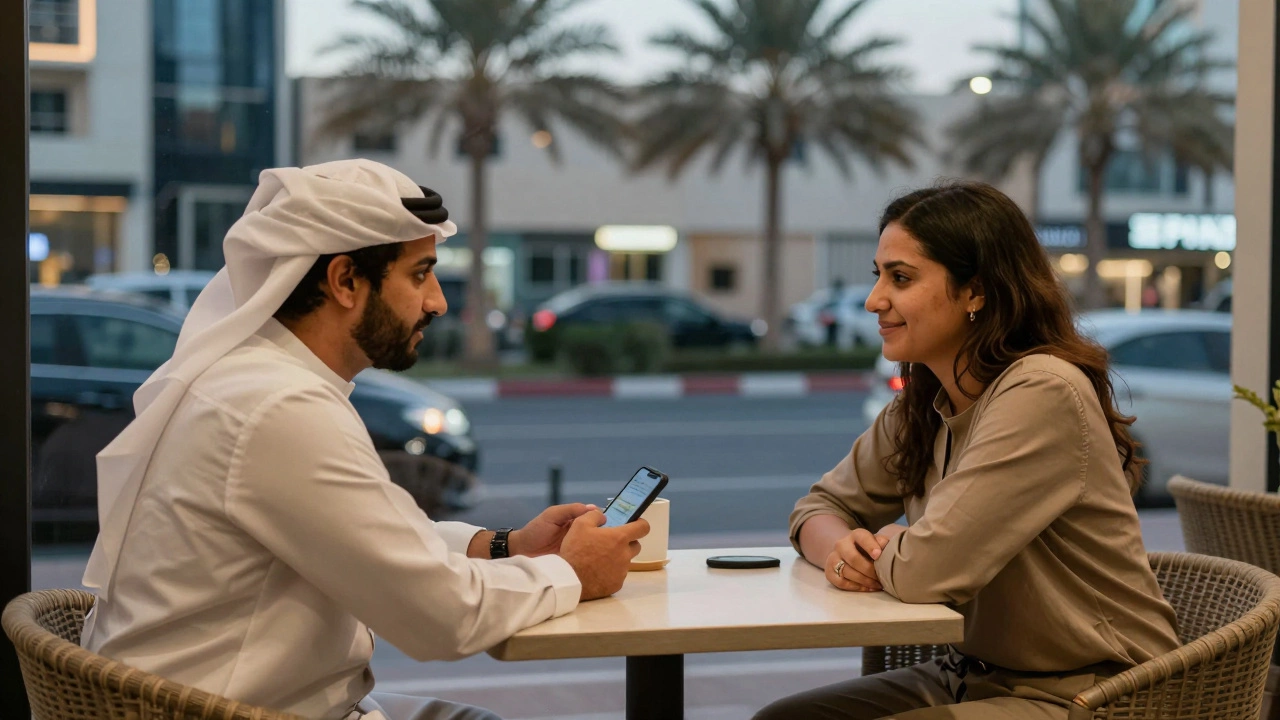 Two people meeting for the first time in a Dubai café, exchanging a gentle, respectful glance.